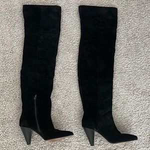Black Suede thigh high slouchy boots, cone heel. Size 38